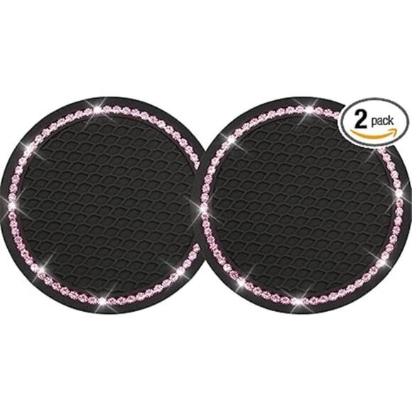 Car Cup Coaster Pink Black Bling Vehicle 2 Pack Rhinestone Universal Insert - Picture 4 of 4